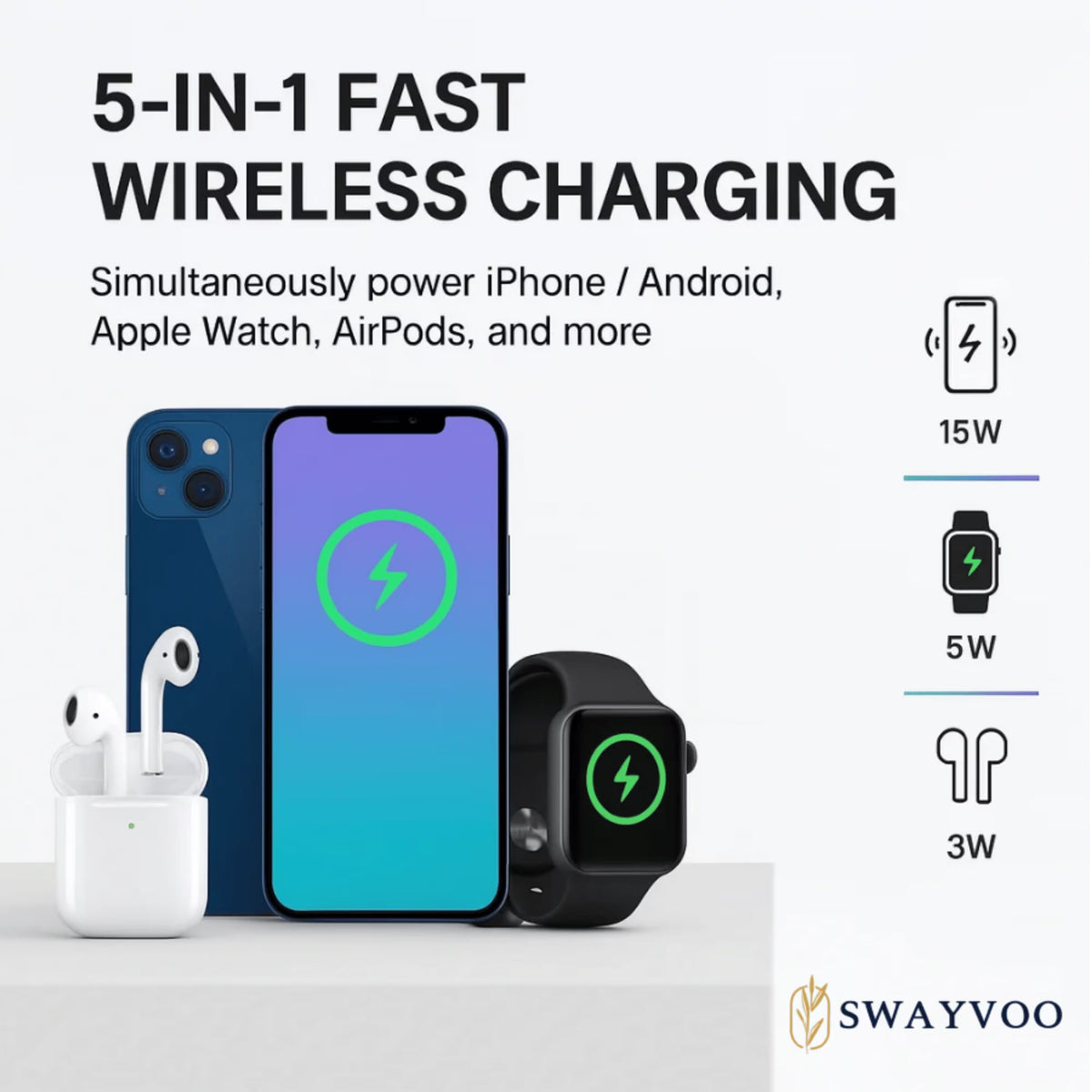 3-In-1 Wireless Charging Station, up to 15W Fast Wireless Charger for Compatible Iphone, Apple Watch and Airpods, Magnetic Phone Stand Black