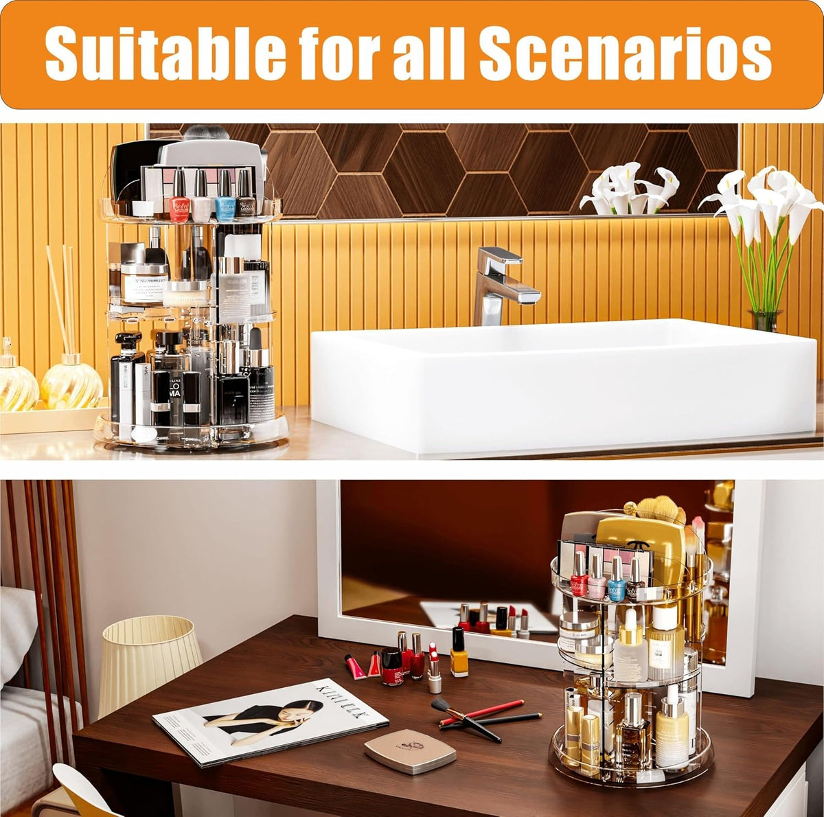 360 Rotating Makeup Organizer for Vanity,Bathroom Counter,Adjustable Spinning Skincare Organizers,Cosmetic Display Cases and Makeup Holder for Palette,Eyeshadow,Brush,Perfume Organizer,Clear