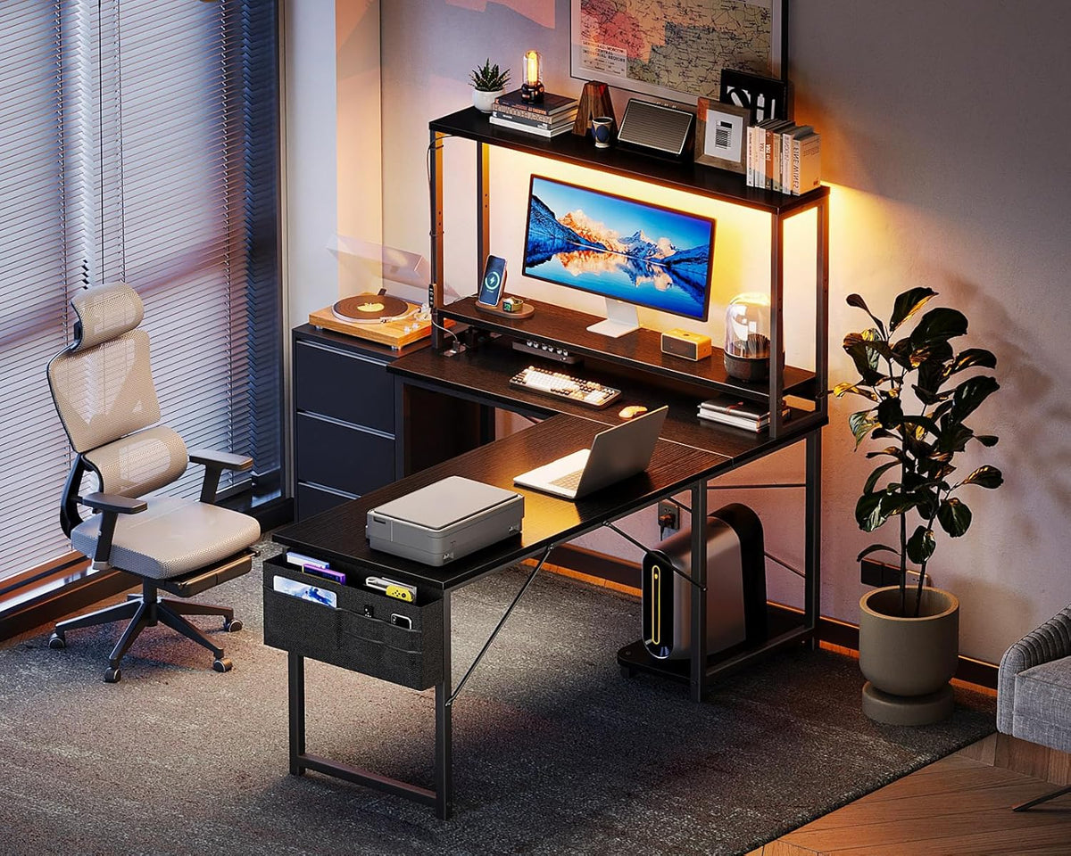 L Shaped Desk Gaming Desk with LED Light & Power Outlet