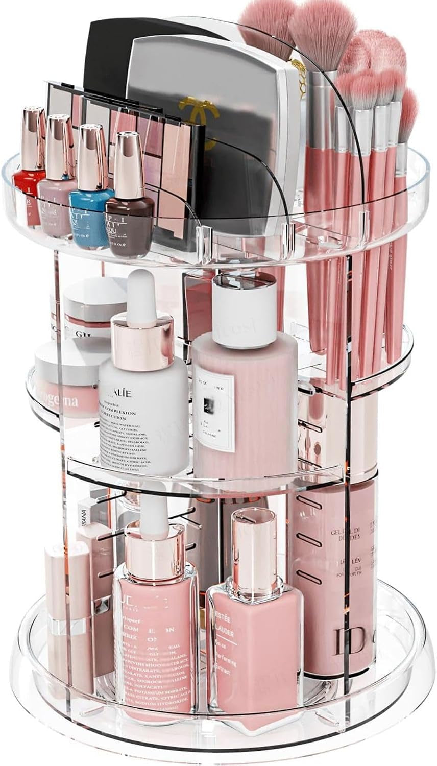 360 Rotating Makeup Organizer for Vanity,Bathroom Counter,Adjustable Spinning Skincare Organizers,Cosmetic Display Cases and Makeup Holder for Palette,Eyeshadow,Brush,Perfume Organizer,Clear