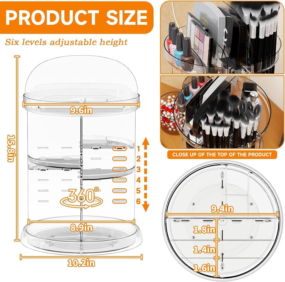 360 Rotating Makeup Organizer for Vanity,Bathroom Counter,Adjustable Spinning Skincare Organizers,Cosmetic Display Cases and Makeup Holder for Palette,Eyeshadow,Brush,Perfume Organizer,Clear