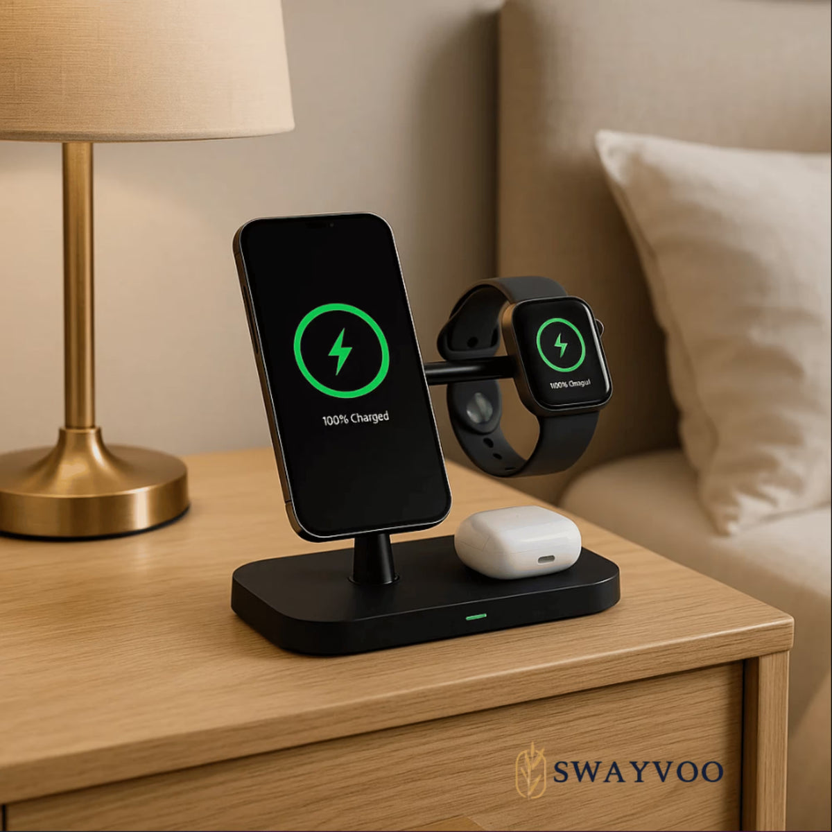3-In-1 Wireless Charging Station, up to 15W Fast Wireless Charger for Compatible Iphone, Apple Watch and Airpods, Magnetic Phone Stand Black