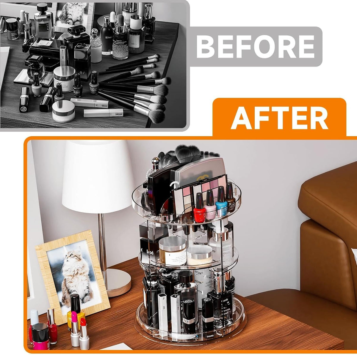 360 Rotating Makeup Organizer for Vanity,Bathroom Counter,Adjustable Spinning Skincare Organizers,Cosmetic Display Cases and Makeup Holder for Palette,Eyeshadow,Brush,Perfume Organizer,Clear