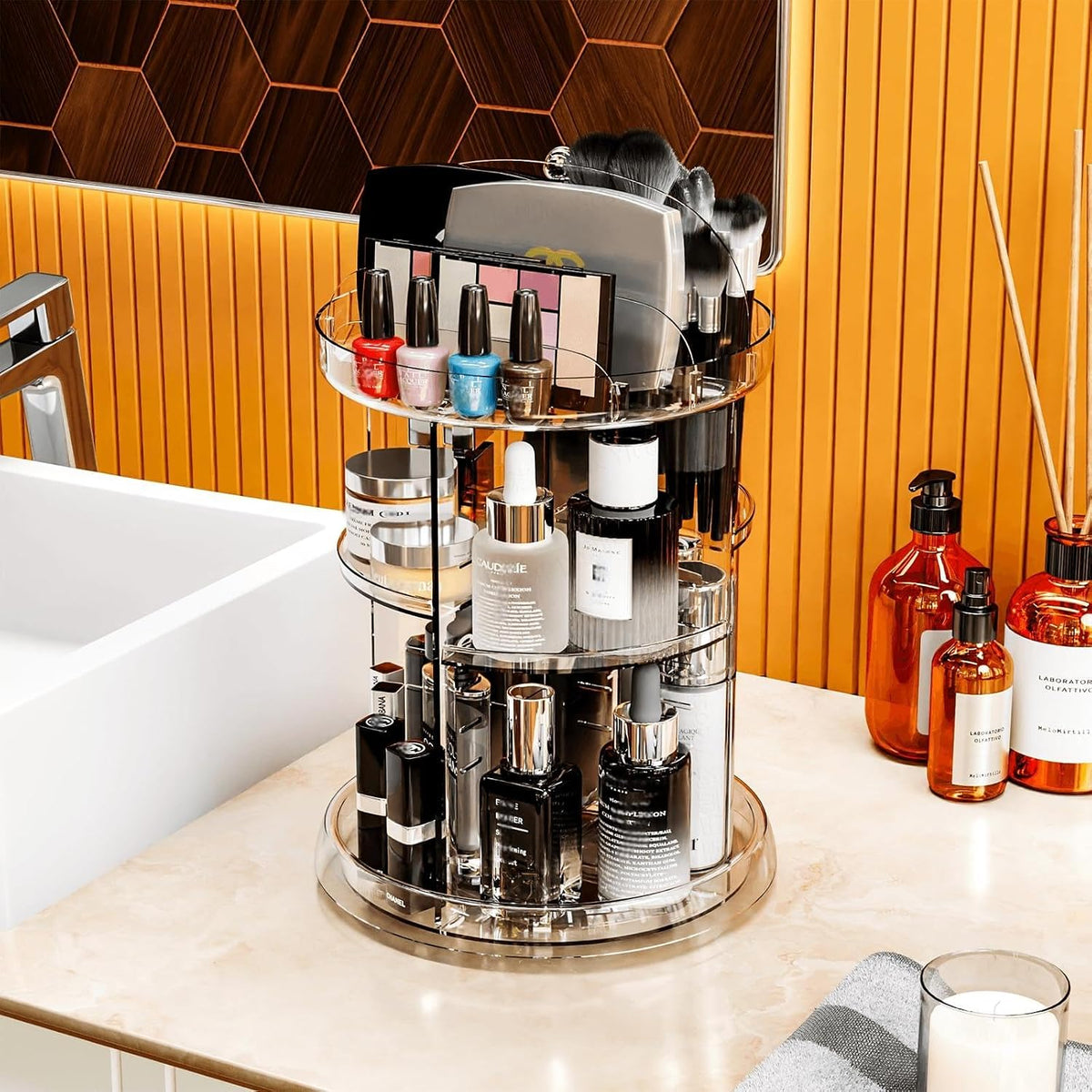 360 Rotating Makeup Organizer for Vanity,Bathroom Counter,Adjustable Spinning Skincare Organizers,Cosmetic Display Cases and Makeup Holder for Palette,Eyeshadow,Brush,Perfume Organizer,Clear