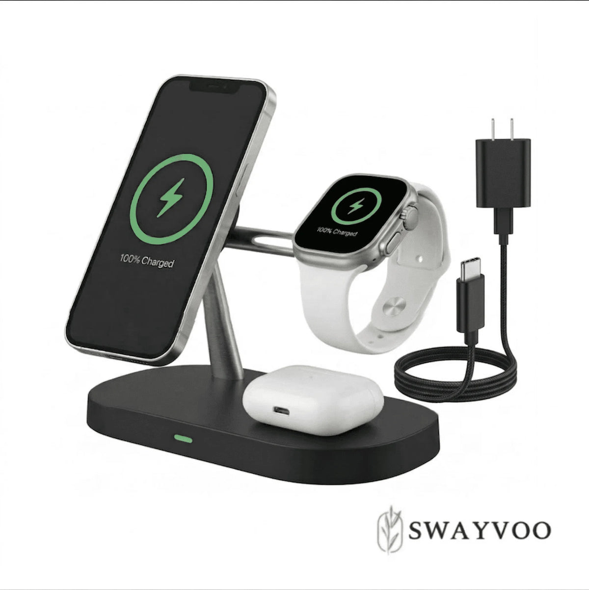 3-In-1 Wireless Charging Station, up to 15W Fast Wireless Charger for Compatible Iphone, Apple Watch and Airpods, Magnetic Phone Stand Black