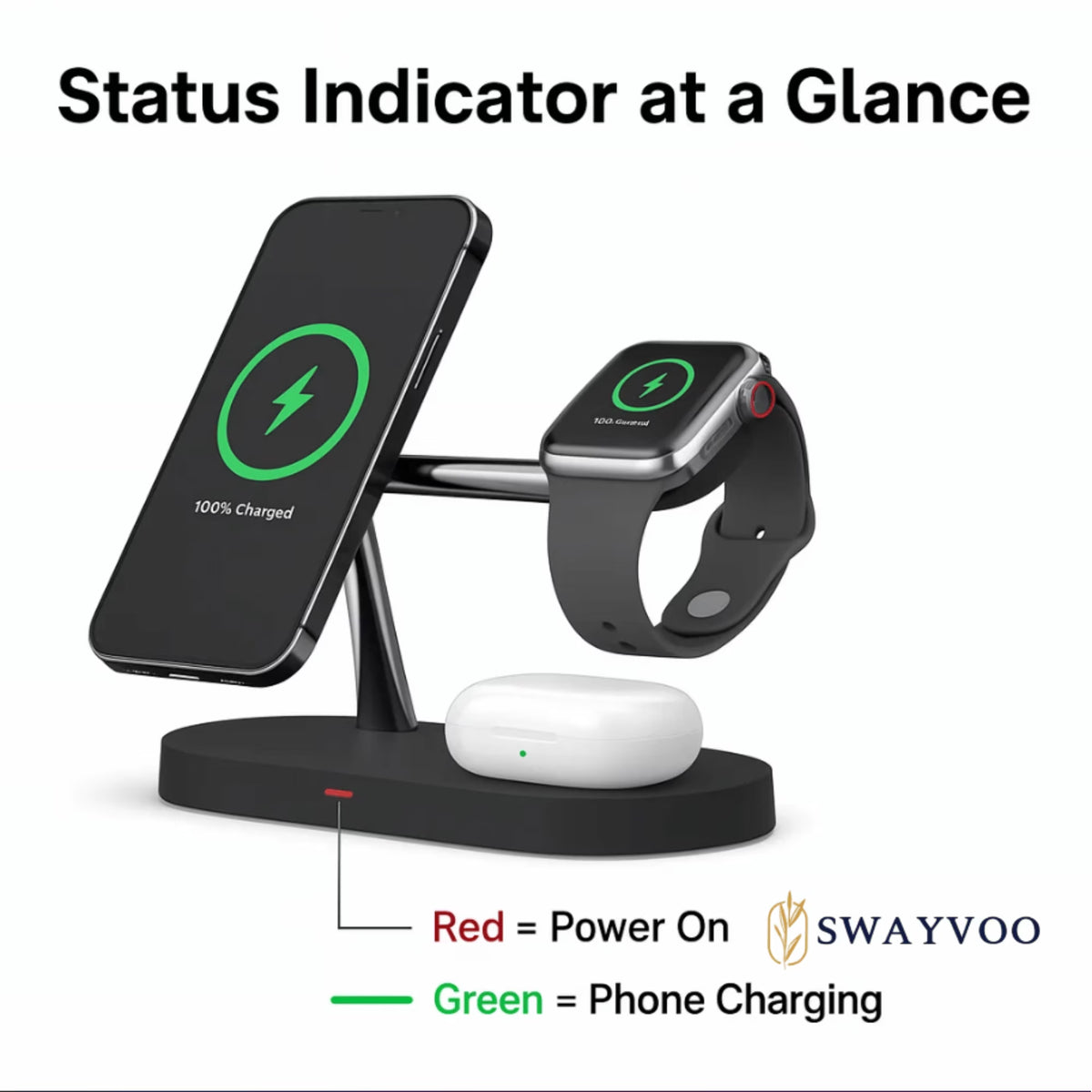 3-In-1 Wireless Charging Station, up to 15W Fast Wireless Charger for Compatible Iphone, Apple Watch and Airpods, Magnetic Phone Stand Black