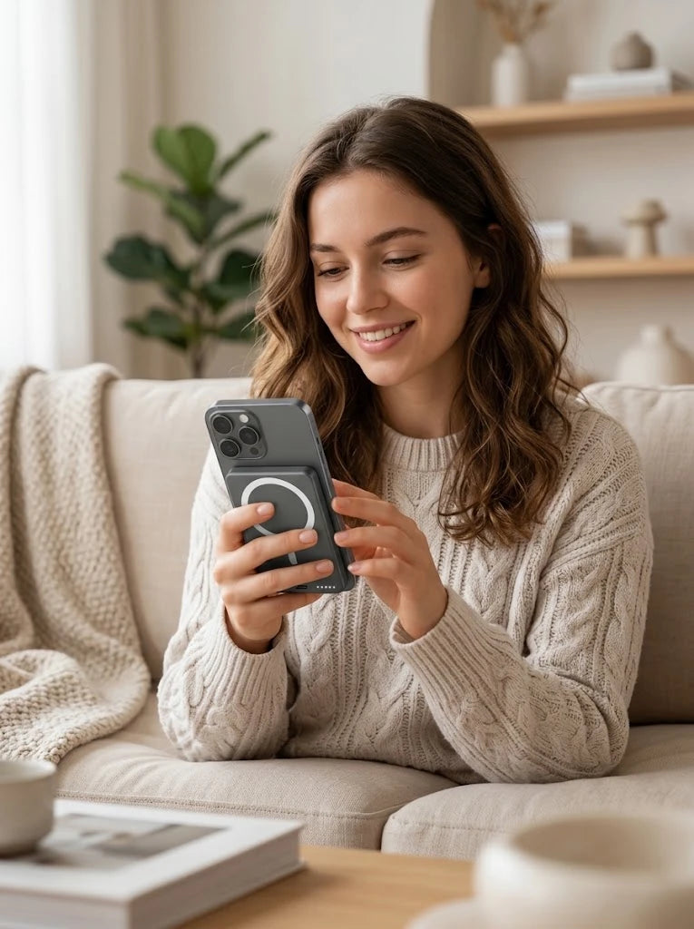 Woman casually using the magnetic wireless power bank at home