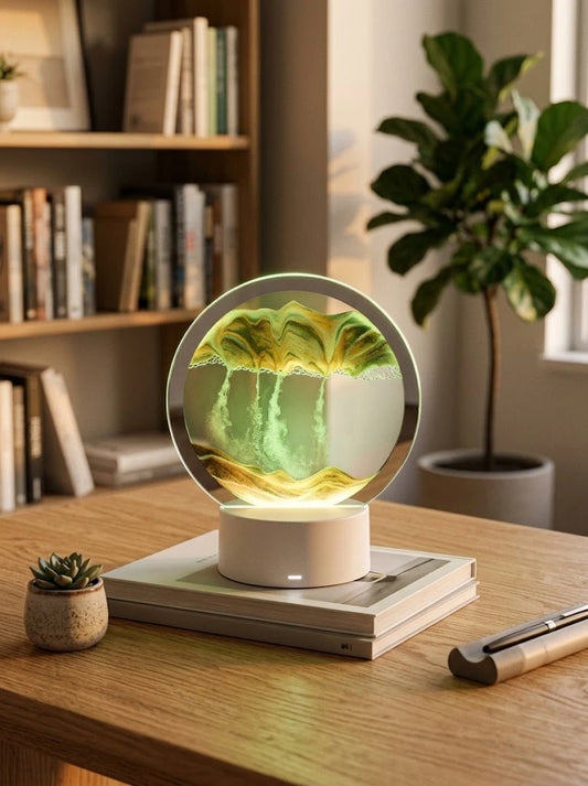 3D Sandscape LED Lamp glowing on a desk